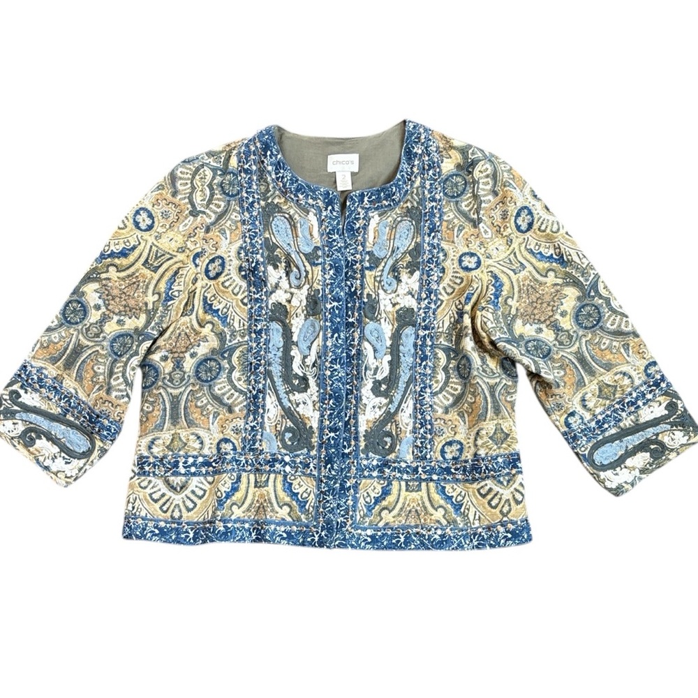 Chico’s Boho Open Jacket Women’s L (12-14) Colorful Beaded Abstract Blazer READ